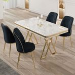Canisa Vals Serisi 80 x 130 Lak Panel Beyaz Mermer Desen Gold Ayak Masa Takımı ve 4 Antrasit Sandalye - 80X130