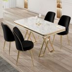 Canisa Vals Serisi 80 x 130 Lak Panel Beyaz Mermer Desen Gold Ayak Masa Takımı ve 4 Siyah Sandalye - 80X130