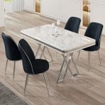 Canisa Vals Serisi 80 x 130 Lak Panel Beyaz Mermer Desen Krom Ayak Masa Takımı ve 4 Antrasit Sandalye - 80x130