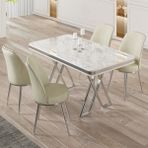 Canisa Vals Serisi 80 x 130 Lak Panel Beyaz Mermer Desen Krom Ayak Masa Takımı ve 4 Krem Sandalye - 80x130