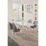 Canisa Vals Serisi 80x130 cm Beyaz Mermer Desen Masa Takımı, Krom Ayaklı, 4 Gri Sandalye