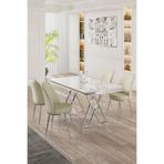 Canisa Vals Serisi 80x130 cm Beyaz Mermer Desen Masa Takımı, Krom Ayaklı, 4 Krem Sandalye