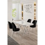 Canisa Vals Serisi 80x130 cm Beyaz Mermer Desen Masa Takımı, Krom Ayaklı, 4 Siyah Sandalye