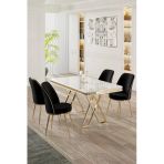 Canisa Vals Serisi 80x130 Lak Panel Beyaz Mermer Desen Masa Takımı Gold Ayaklı 4 Siyah Sandalye