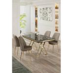 Canisa Vals Serisi 80x130 Lak Panel Siyah Mermer Desen Masa Takımı Gold Ayaklı 4 Cappucino Sandalye