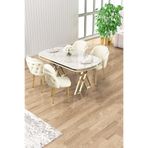 Canisa Zae Serisi 90x168 cm Beyaz Mermer Desen Gold Ayaklı Masa Takımı, 4 Krem Sandalye