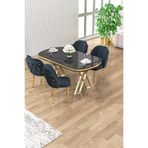 Canisa Zae Serisi 90x168 cm Siyah Mermer Desen Gold Ayaklı Masa Takımı, 4 Antrasit Sandalye