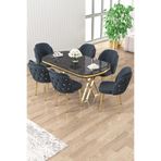 Canisa Zae Serisi 90x168 cm Siyah Mermer Desen Gold Ayaklı Masa Takımı, 6 Antrasit Sandalye