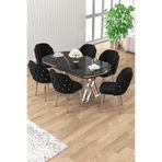 Canisa Zae Serisi 90x168 cm Siyah Mermer Desen Masa Takımı, Krom Ayaklı, 6 Siyah Sandalye