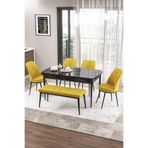 Canisa Zen Serisi 80x132 cm MDF Açılabilir Siyah Mermer Desen Masa Takımı, 4 Hardal Sarısı Sandalye, 1 Bench