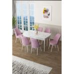 Canisa Zen Serisi 80X132 Mdf Açılabilir Beyaz Mermer Desen Masa Takımı Ve 6 Pembe Sandalye