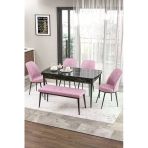 Canisa Zen Serisi 80X132 Mdf Açılabilir Siyah Mermer Desen Masa Takımı 4 Pembe Sandalye Ve 1 Bench