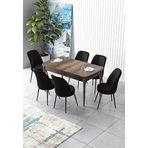 Canisa Zen Serisi Barok Ahşap Desen MDF 80x132 cm Açılabilir 6 Sandalye Siyah Mutfak Masa Takımı