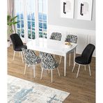 Canisa Zen Serisi Beyaz Masa MDF 80x132 cm Açılabilir 2 Siyah 4 Zebra Desen Sandalye Mutfak Masa Takımı