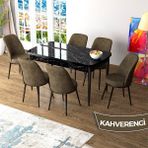 Canisa Zen Serisi Siyah Mermer Desen MDF 80x132 Açılabilir Mutfak Masası Takımı Kahverengi 6 Sandalye