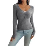 Canli4Y Henley Slim Fit Gri Uzun Kollu V Yaka Kadın T-shirt