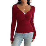Canli4Y Henley Slim Fit Weinrot Y2K Uzun Kollu V Yaka Kadın T-shirt