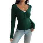 Canli4Y Henley Slim Fit Yeşil Y2K Uzun Kollu V Yaka Kadın T-shirt
