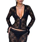 Canli4Y Kadın şeffaf seksi uzun kollu tişört Y2K dar dantel tişört uzun kollu bluz Slim Fit Sheer Lace T-Shirt örgü ceket Crop Tops, Siyah, S