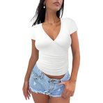 Canli4Y Kadın tişörtü, dar kesim, basic tişört, Y2K tişört, V yaka, kısa kollu, yazlık, seksi Crop tişörtler, streç üst giyim, gündelik bluz, parti üst giyim, Beyaz, XL