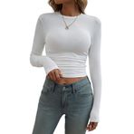 Canli4Y Kadın üst giyim, gündelik, şık, yandan büzgülü, kısa Crop Slim Fit, tek renkli, bluz, uzun kollu tişört, Y2K balıkçı yaka, bluz tişört, şık, Beyaz, S
