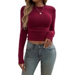 Canli4Y Kadın üst giyim, gündelik, şık, yandan büzgülü, kısa Crop Slim Fit, tek renkli, bluz, uzun kollu tişört, Y2K balıkçı yaka, bluz tişört, şık, Weinrot, XL