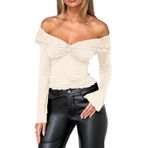 Canli4Y Kadın üst giyim, şık, omzu açık, tişört, uzun kollu, V yaka, gömlek, omzu açık, açık omuz, Y2k Crop Top, Kayısı, L