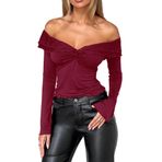 Canli4Y Kadın üst giyim, şık, omzu açık, tişört, uzun kollu, V yaka, gömlek, omzu açık, açık omuz, Y2k Crop Top, Weinrot, XL