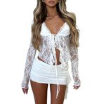 Canli4Y Sheer Mesh Crop Tops Y2K Beyaz Uzun Kollu Kadın Hırka