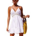 Canli4Y Sırtsız plaj elbisesi, yazlık elbise, askılı elbise, V yakalı, sırtı açık, yazlık elbise, beyaz- 1, XL