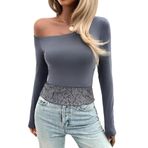 Canli4Y Slim Fit Koyu Gri Y2K Üst Kısım Şık Çapraz Omuz Uzun Kollu Kadın Bluz