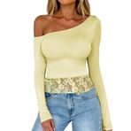 Canli4Y Slim Fit Sarı Y2K Üst Kısım Şık Çapraz Omuz Uzun Kollu Kadın Bluz