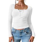 Canli4Y Y2K Lace Patchwork Vintage Sweet Slim Fit Tops Clothes Beyaz Uzun Kollu Henley Kadın T-shirt