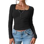 Canli4Y Y2K Lace Patchwork Vintage Sweet Slim Fit Tops Clothes Siyah Uzun Kollu Henley Kadın T-shirt