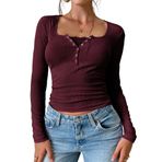 Canli4Y Y2K Lace Patchwork Vintage Sweet Slim Fit Tops Clothes Weinrot Uzun Kollu Henley Kadın T-shirt