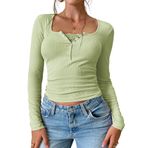 Canli4Y Y2K Lace Patchwork Vintage Sweet Slim Fit Tops Clothes Yeşil Uzun Kollu Henley Kadın T-shirt