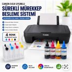 Canon E414 Yazıcı Fotokopi Tarayıcı USB Kablosu Uyumlu Bitmeyen Kartuş Sistemi Sürekli Mürekkep Besleme Tankı + 4X100 ml Renkli Mürekkep Seti - Siyah