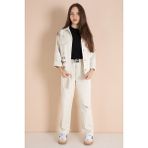 Cansın Mini Bej Yazı Detaylı Gömlekli Kız Çocuk Pantolonlu Gabardin Takım 23565 - 11 - 12 Yaş