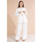 Cansın Mini Beyaz Kalp İşlemeli Gömlekli Geniş Paça Pantolonlu Kız Çocuk Gabardin Takım 23553