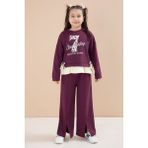 Cansın Mini Bordo Yırtmaçlı Pantolonlu Fiyonklu Yazılı Badili Kız Çocuk 2li Takım 23597 - 4 - 5 Yaş