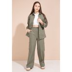 Cansın Mini Haki Kalp Işlemeli Gömlekli Geniş Paça Pantolonlu Kız Çocuk Gabardin Takım 23554 - 8 - 9 Yaş