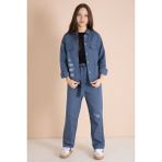 Cansın Mini Indigo Yazı Detaylı Gömlekli Kız Çocuk Pantolonlu Gabardin Takım 23567 - 8 - 9 Yaş
