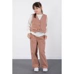 Cansın Mini Kahve Çizgi Desenli Yelekli Geniş Paça Pantolonlu Kız Çocuk Badili 3lü Takım 20492 - Kahverengi - 10 - 11 Yaş