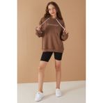 Cansın Mini Kahverengi Baskılı Kız Çocuk Şeritli Kapüşonlu Sweatshirt 19221 - 7 - 8 Yaş