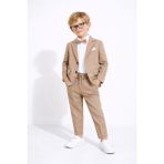 Cansın Mini Kahverengi Keten Ceket ve Pantolonlu Erkek Çocuk Papyonlu 4lü Takım Elbise 23523 - 2 - 3 Yaş