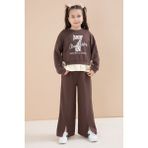 Cansın Mini Kahverengi Yırtmaçlı Pantolonlu Fiyonklu Yazılı Badili Kız Çocuk 2li Takım 23596 - 3 - 4 Yaş
