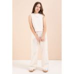 Cansın Mini Krem Geniş Paça Pantolonlu Kız Çocuk Keten Croplu Takım 23448 - 8 - 9 Yaş