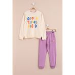 Cansın Mini Krem Good Things Nakışlı Kız Çocuk Bisiklet Yaka Eşofman Takımı 23391 - 5 - 6 Yaş
