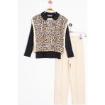 Cansın Mini Krem Leopar Desenli Süveterli Badili Kız Çocuk Pantolonlu 3lü Takım 20665 - 6 - 7 Yaş
