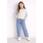 Cansın Mini Mavi Düğmeli Gömlekli Jean Pantolonlu Kız Çocuk Triko Süveterli 3lü Takım 23534 - 4 - 5 Yaş